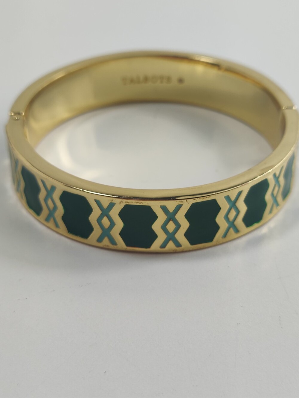 Talbots Gold Tone Teal Enamel Hinged Bangle Bracelet Geometric Pattern Statement